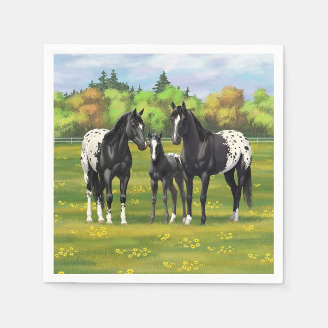 Schwarze Appaloosa Pferde im Sommer Weide Serviette (Vorderseite)