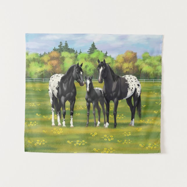 Schwarze Appaloosa Pferde im Sommer Weide Wandteppich (Vorderseite (Horizontal))