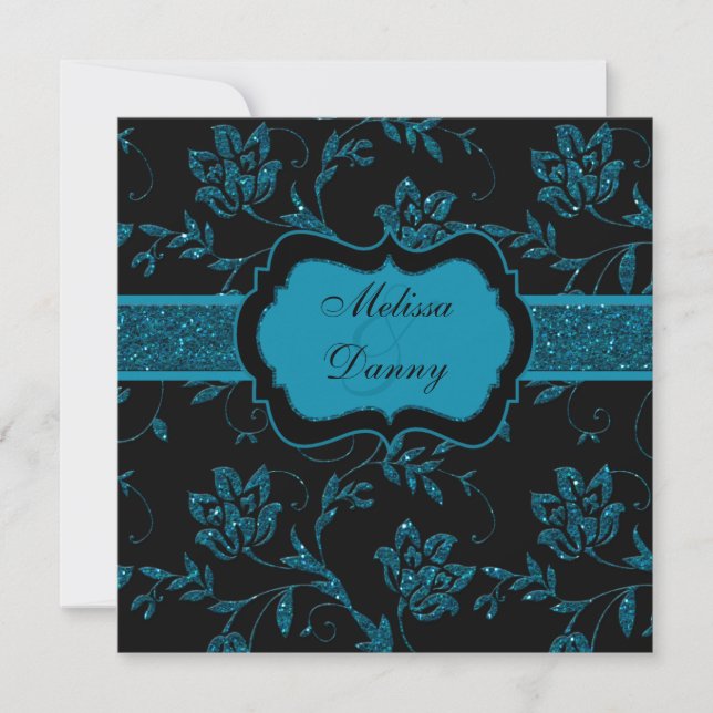 Schwarze Aquamarine IMITATE Glitzer Blumenengagier Einladung (Vorderseite)