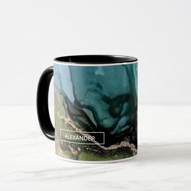 Schwarze Aquamarine metallische Abstrakte Kunst Tasse (Vorderseite Links)