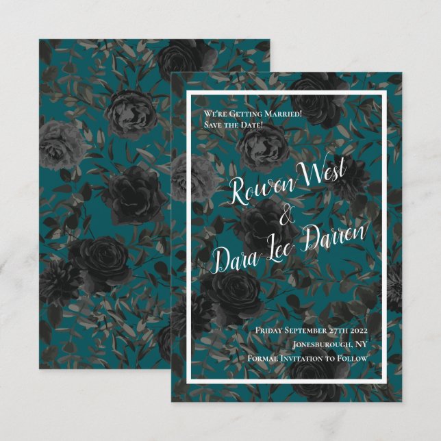 Schwarze Aquamarine Rose Gothic Elegante Hochzeit Einladung (Vorne/Hinten)