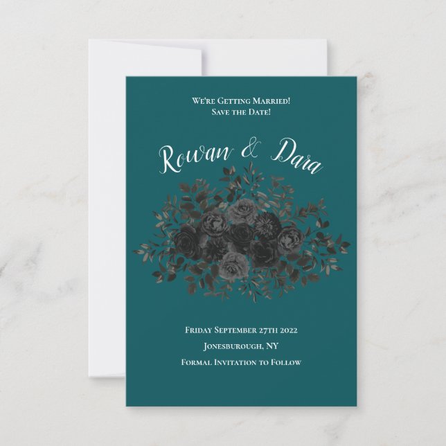 Schwarze Aquamarine Rose Gothic Elegante Hochzeit Einladung (Vorderseite)