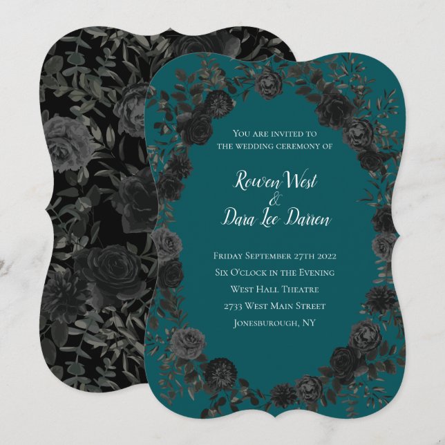 Schwarze Aquamarine Rose Gothic Elegante Hochzeit Einladung (Vorne/Hinten)