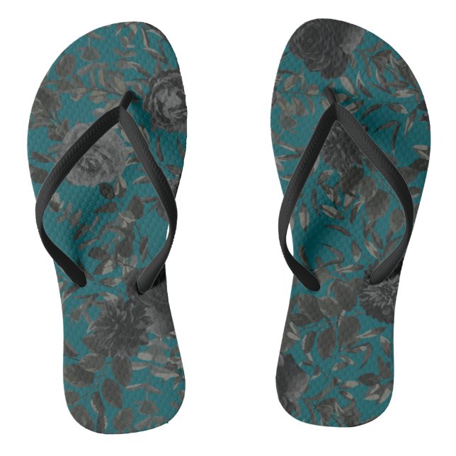 Schwarze Aquamarine Rose Gothic Elegante Hochzeit Flip Flops (Fußbett)