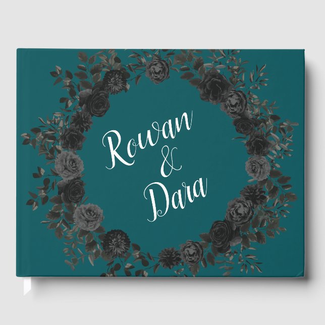 Schwarze Aquamarine Rose Gothic Elegante Hochzeit Gästebuch (Vorderseite)