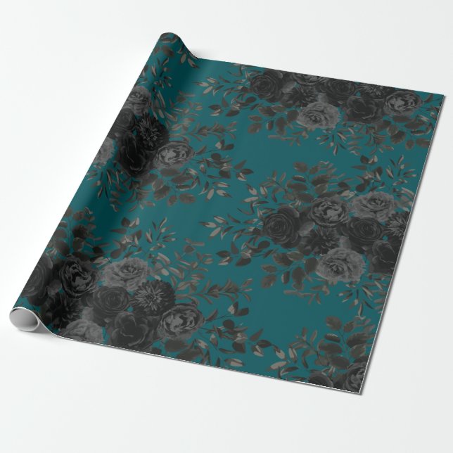 Schwarze Aquamarine Rose Gothic Elegante Hochzeit Geschenkpapier (Ungerollt)