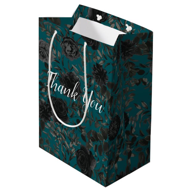 Schwarze Aquamarine Rose Gothic Elegante Hochzeit Mittlere Geschenktüte (Rückseite Schrägansicht)