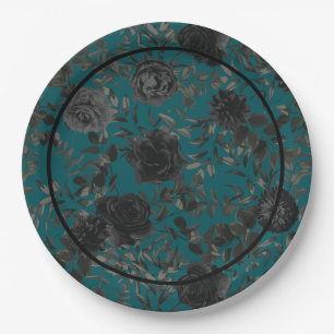 Schwarze Aquamarine Rose Gothic Elegante Hochzeit Pappteller