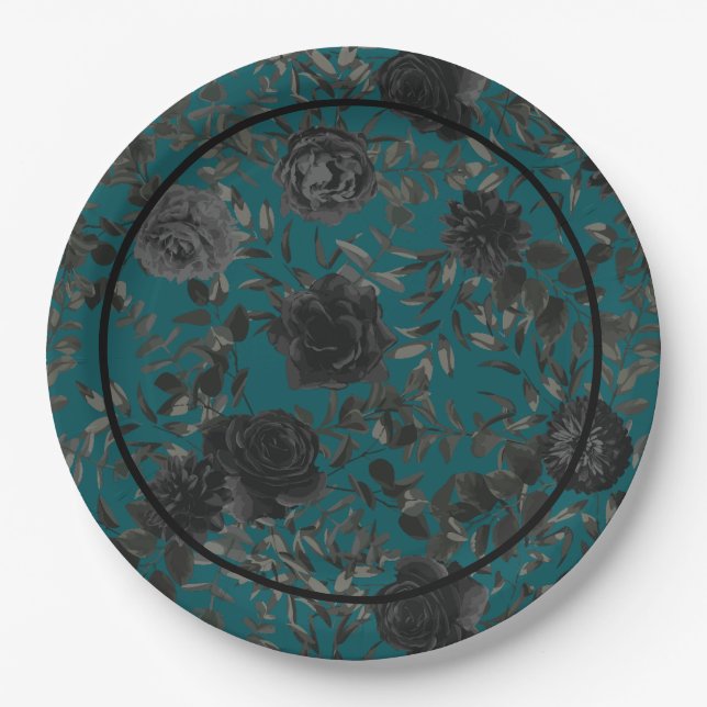 Schwarze Aquamarine Rose Gothic Elegante Hochzeit Pappteller (Vorderseite)