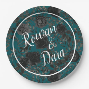 Schwarze Aquamarine Rose Gothic Elegante Hochzeit Pappteller