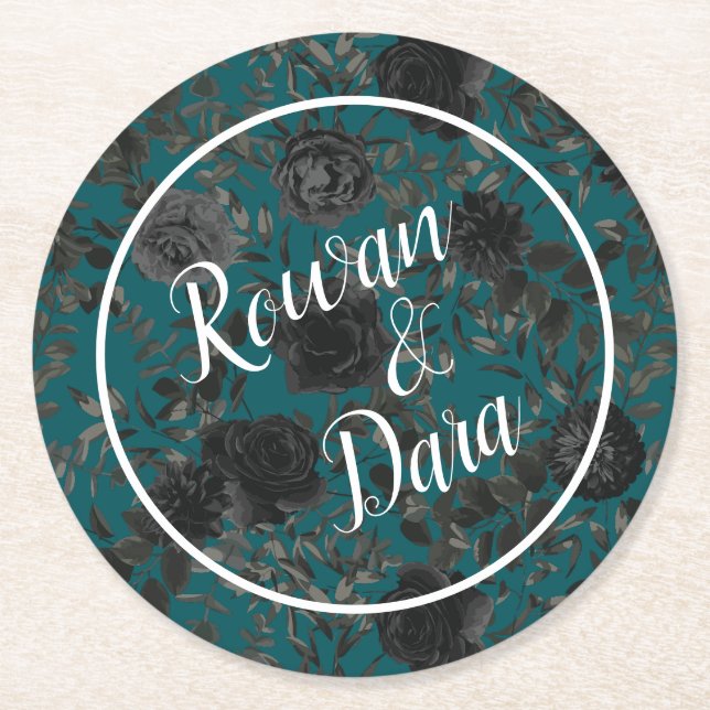 Schwarze Aquamarine Rose Gothic Elegante Hochzeit Runder Pappuntersetzer (Vorderseite)