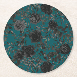 Schwarze Aquamarine Rose Gothic Elegante Hochzeit Runder Pappuntersetzer