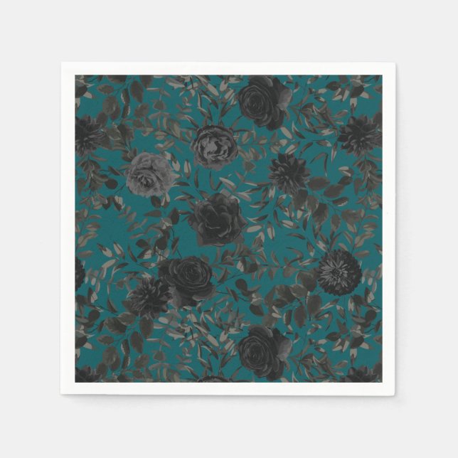 Schwarze Aquamarine Rose Gothic Elegante Hochzeit Serviette (Vorderseite)