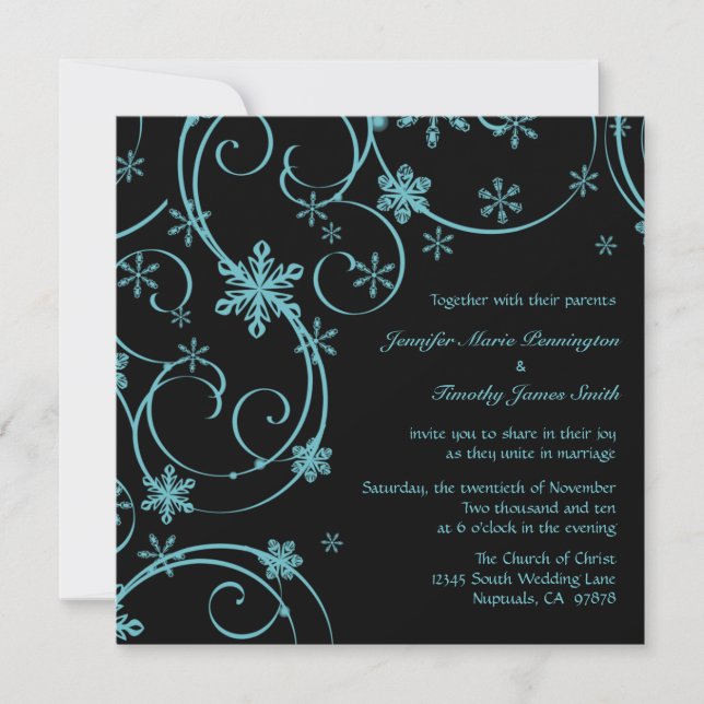 Schwarze aquamarine Schneeflocken Winterhochzeit Einladung (Vorderseite)