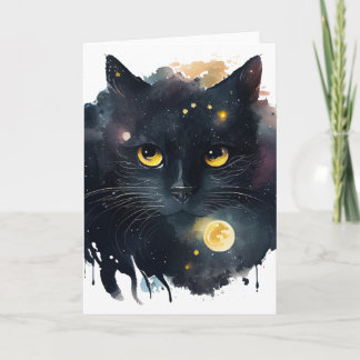 Schwarze Aquarell-Kosmikkatze mit gelben Augen Karte