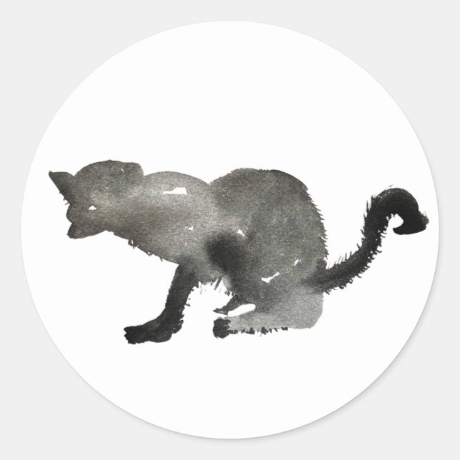 Schwarze Aquarellkatze Runder Aufkleber (Vorderseite)