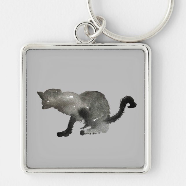 Schwarze Aquarellkatze Schlüsselanhänger (Vorne)