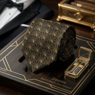 Schwarze Art Deco-Fanburst-Krawatte mit goldenem A Krawatte