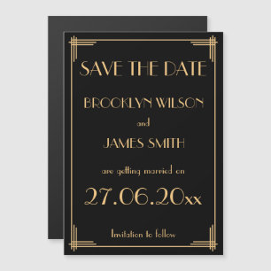Schwarze Art Deco Hochzeit speichern das Datum Magneteinladung