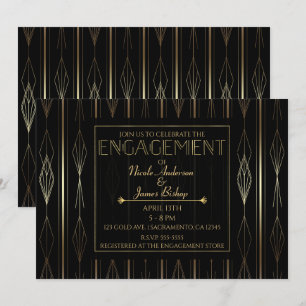 Schwarze Art Deco Hochzeitsdusche Party mit Gold Einladung