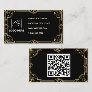 Schwarze Art Deco QR Code Visitenkarte im Gold-Opt