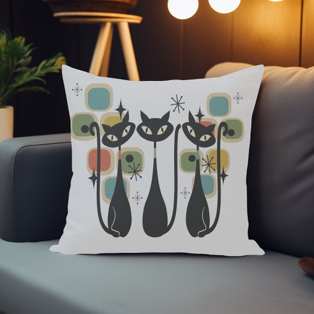 Schwarze Atomkatzen aus dem Retro-Mittelalter Kissen (Retro Mid Century Black Atomic Cats Throw Pillow)