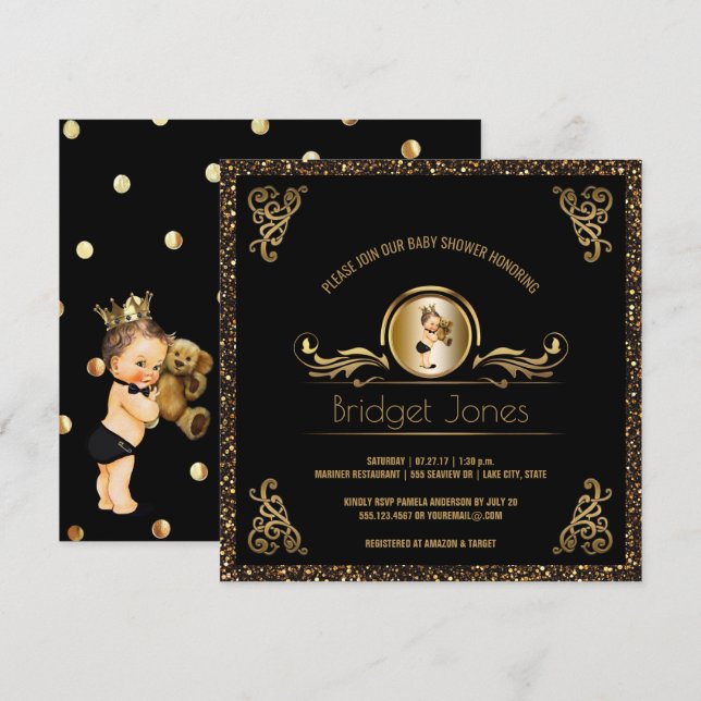Schwarze Baby-Dusche GoldImitat-Glitzer-Prinz-Boy Einladung (Vorne/Hinten)