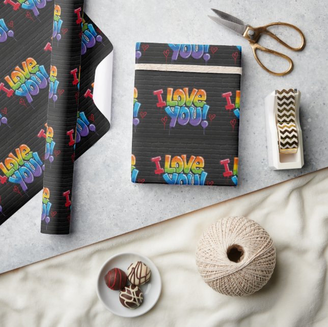 Schwarze Backsteingraffiti „Ich liebe dich! “ Geschenkpapier (Kunsthandwerk)
