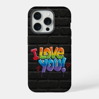 Schwarze Backsteinwand mit Graffiti „Ich liebe dic iPhone 15 Pro Hülle