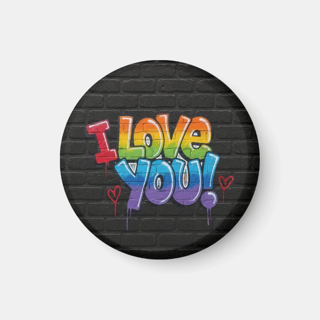 Schwarze Backsteinwand mit Graffiti „Ich liebe dic Magnet (Vorne)