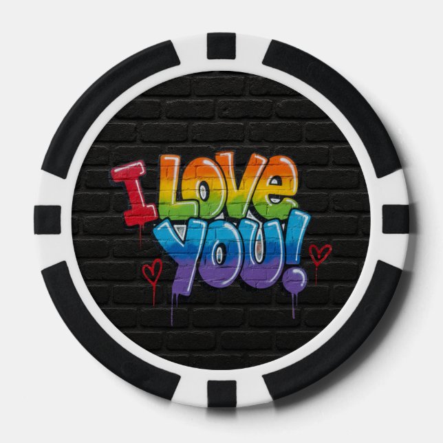 Schwarze Backsteinwand mit Graffiti „Ich liebe dic Pokerchips (Vorderseite)