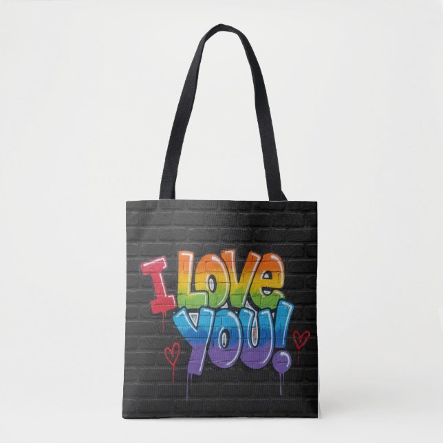 Schwarze Backsteinwand mit Graffiti „Ich liebe dic Tasche (Vorderseite)