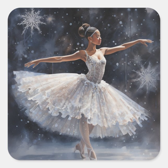 Schwarze Ballerina in weißer Schneeflocke Tutu Quadratischer Aufkleber (Vorderseite)