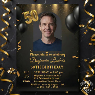 Schwarze Ballons & Gold Konfetti Foto 50. Geburtst Einladung