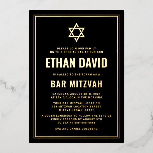 Schwarze Bar mitzvah Stern von David Gold oder Sil Folieneinladung (Vorderseite)
