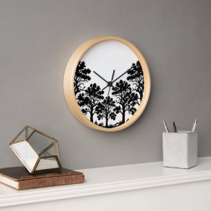 Schwarze Baum-Silhouette Holzwanduhr Uhr
