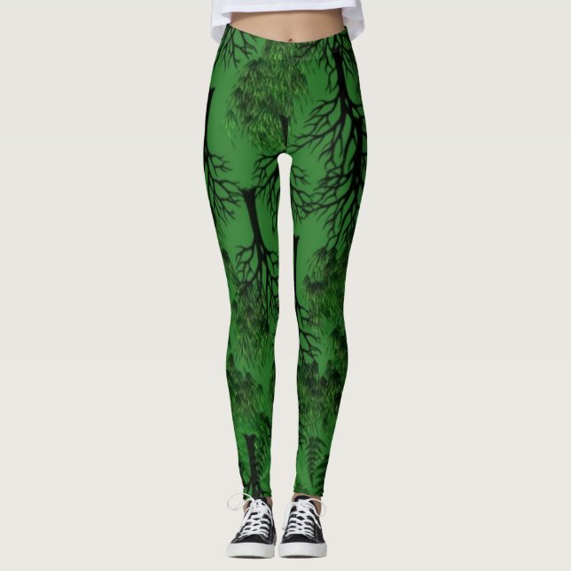 Schwarze Bäume in dunkelgrün Leggings (Vorderseite)