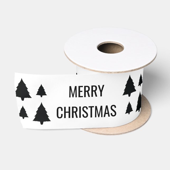 Schwarze Baumformen mit fröhlichem Weihnachtstext Satinband (Spule)