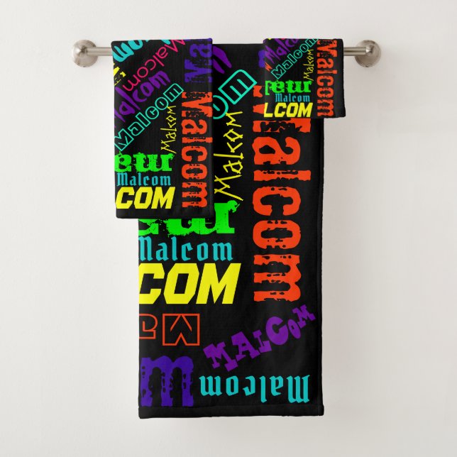 Schwarze Blanken farbige Neonnamenskollage Badhandtuch Set (Insitu)