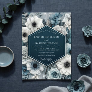 Schwarze Blaue Blüten Nocturne Hochzeit Einladung