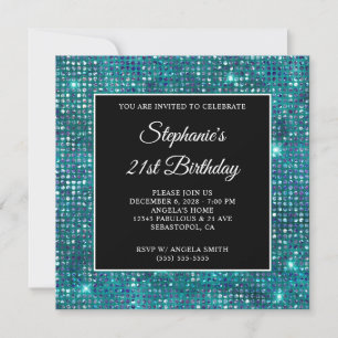 Schwarze Blaue Teal Diamant Besetzte Folie 21. Geb Einladung