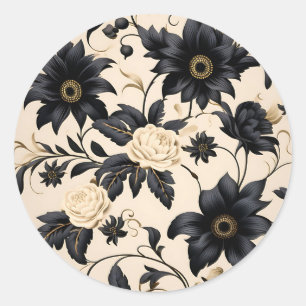 Schwarze Blume auf Beige-Muster Runder Aufkleber