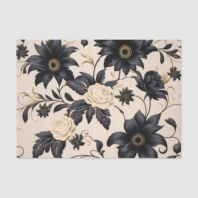 Schwarze Blume auf Beige-Muster Seidenpapier (Vorderseite)