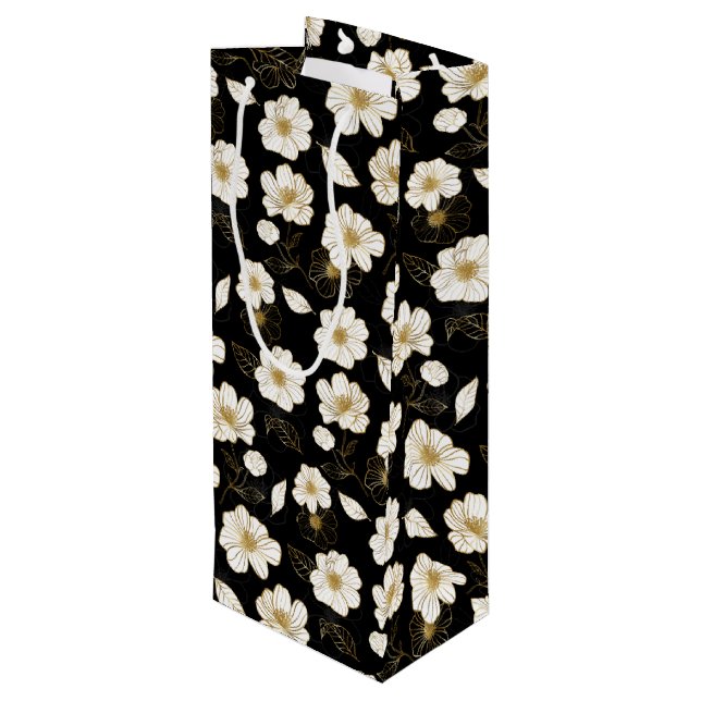 Schwarze Blume aus Weiß und Gold Geschenktüte Für Weinflaschen (Rückseite Schrägansicht)