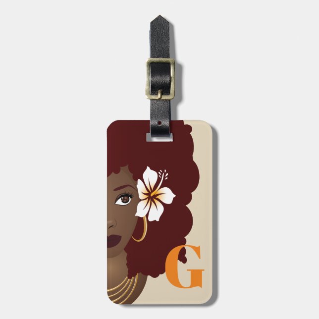 Schwarze Blume in Rotem Afro, Orange, Ursprünglich Gepäckanhänger (Vorderseite vertikal)
