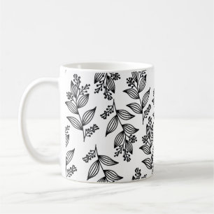 Schwarze Blume Muster Botanisch Dunkelweiß Kaffeetasse