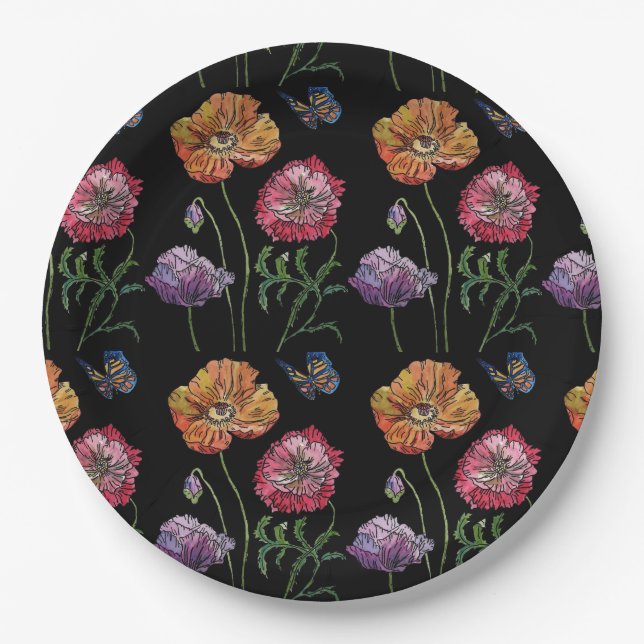 Schwarze Blume Muster Papierplatte Party-Platte Pappteller (Vorderseite)