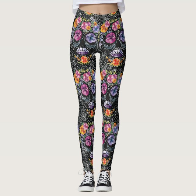 Schwarze Blume Schädelleder - Skulpturen Leggings (Vorderseite)