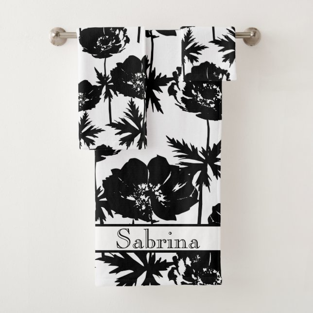 Schwarze Blume, weiß, monochrom Badhandtuch Set (Insitu)
