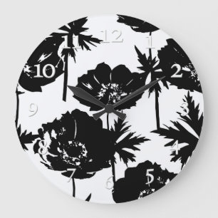 Schwarze Blume, weiß, monochrom Große Wanduhr